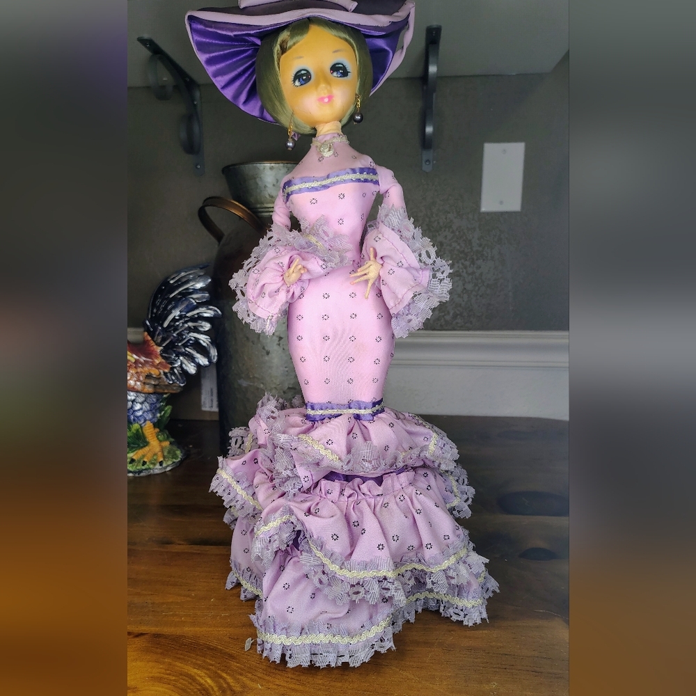 Vtg Bradley Big Eyed Doll With Slight Damage Purple With Grey Hair